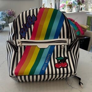 Henri Bendel Classic Brown and White Striped Backpack with Rainbow Design